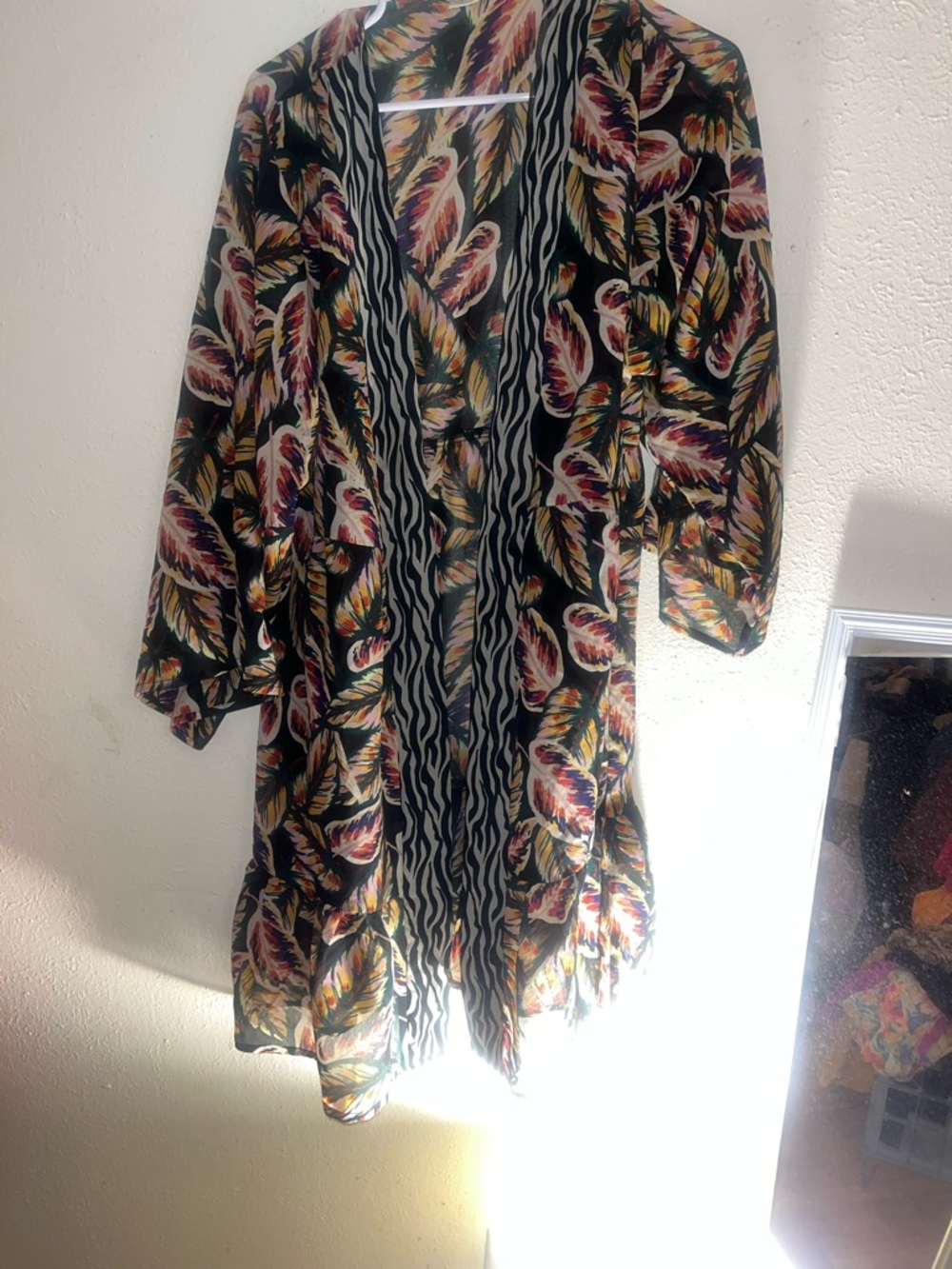 Lightweight Open-Front Duster with Feather Print - Black, Gold, Burgundy